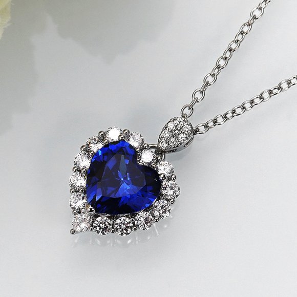 NEW Silver Blue Sapphire Heart Round Diamond Halo Necklace - Picture 6 of 7